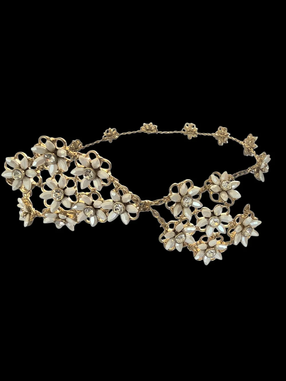 Gold and White Floral Crystal Hair Vine Headpiece